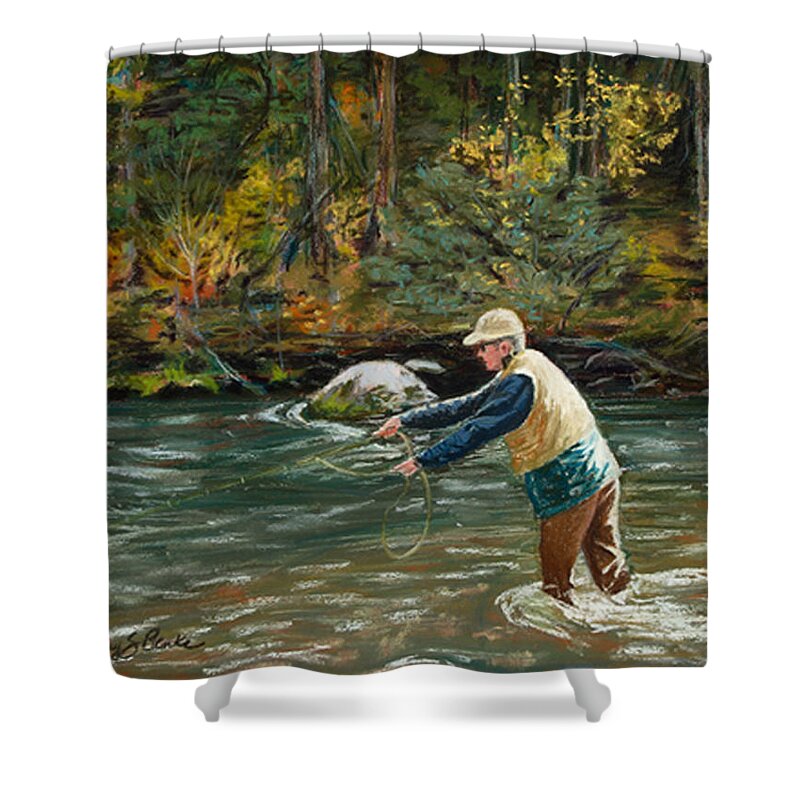 Fly Fishing Shower Curtain featuring the painting Cast Away by Mary Benke