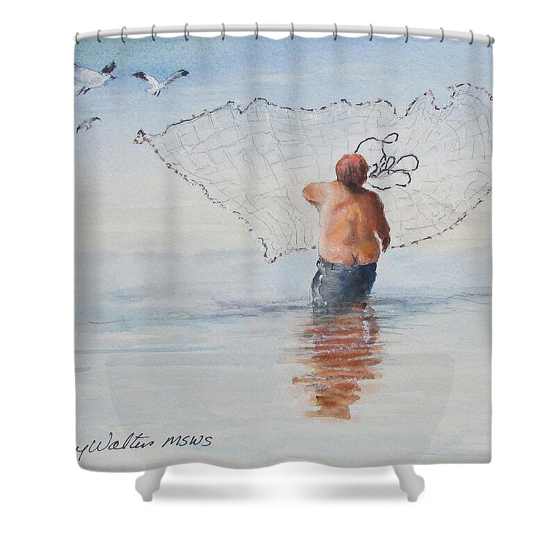  Shower Curtain featuring the painting Cast Net Fishing by Bobby Walters