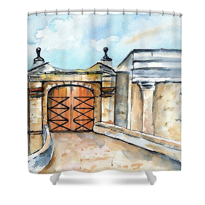 Puerto Rico Shower Curtain featuring the painting Castillo de San Cristobal Entry Gate by Carlin Blahnik CarlinArtWatercolor