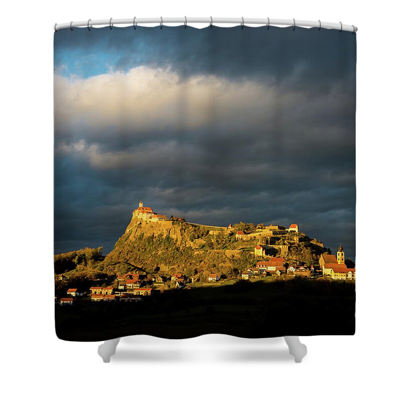 Castle Shower Curtain featuring the photograph Castle at Sunset under Thunderstorm by Andreas Berthold
