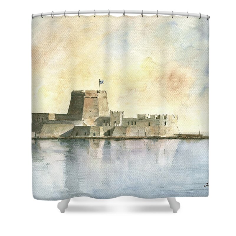 Greece Art Shower Curtain featuring the painting Castle of Bourtzi in Nafplio by Juan Bosco