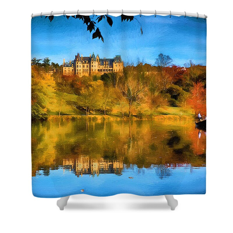 John Haldane Shower Curtain featuring the digital art Castle Reflections of Fall by John Haldane