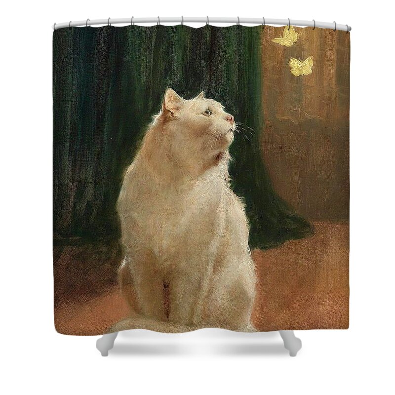 Arthur Heyer (1872-1931) Shower Curtain featuring the painting Cat And Butterflies by Arthur Heyer