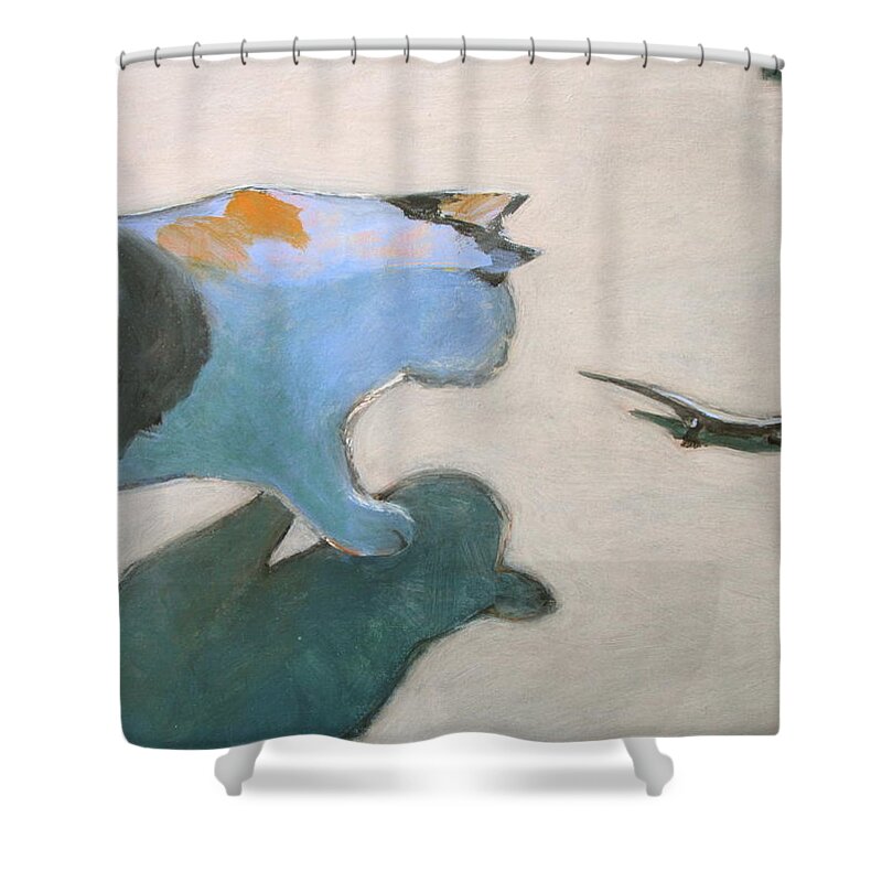 Lizard Shower Curtain featuring the painting Cat and Lizard by Kazumi Whitemoon