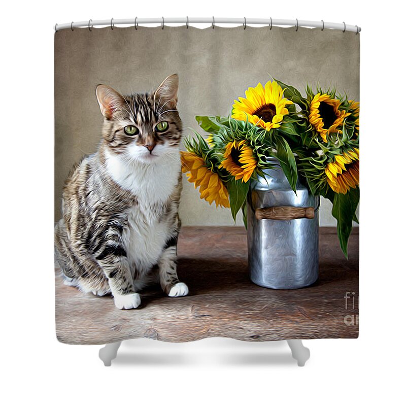 Cat And Sunflowers Shower Curtain for Sale by Nailia Schwarz