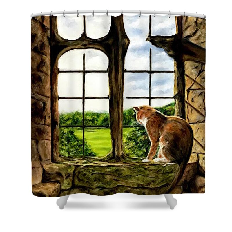 Cat Shower Curtain featuring the painting Cat in the Castle Window by Dr Pat Gehr