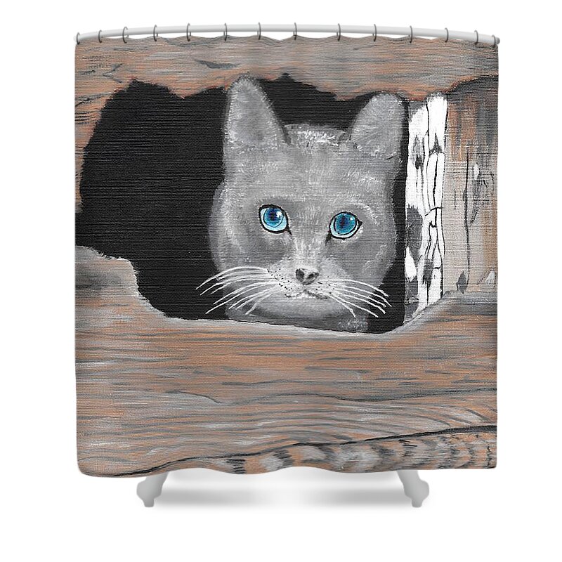 Cat Shower Curtain featuring the painting Cat in the hole by David Bigelow