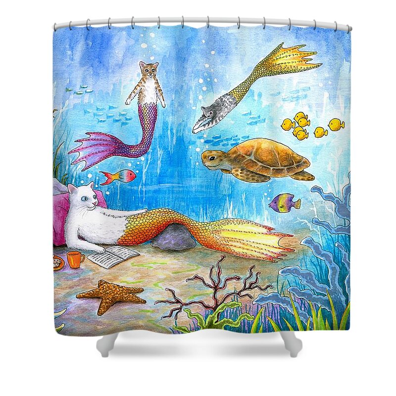 Cat Shower Curtain featuring the painting Cat Mermaid 31 by Lucie Dumas