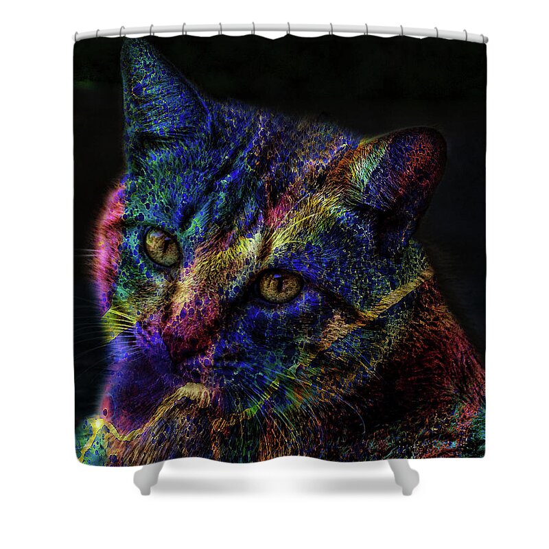 Cat Shower Curtain featuring the mixed media Cat Of Many Colors by Lesa Fine