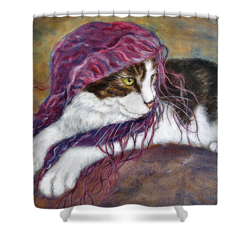 Tortoise Cat Shower Curtain featuring the painting Cat Painting Charlie the Pirate by Frances Gillotti