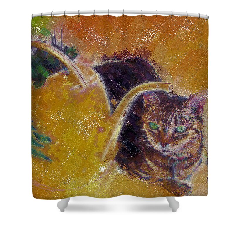 Cat Shower Curtain featuring the digital art Cat with Watering Can by Nora Martinez