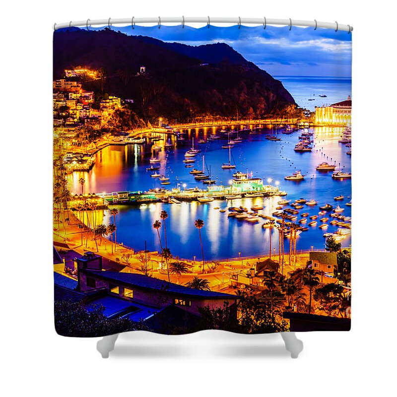 America Shower Curtain featuring the photograph Catalina Island Avalon Bay at Night by Paul Velgos