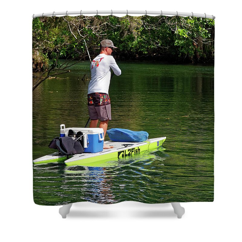 Young Man Standing On Paddle Board Shower Curtain featuring the photograph Catamaran Paddle Board by Sally Weigand