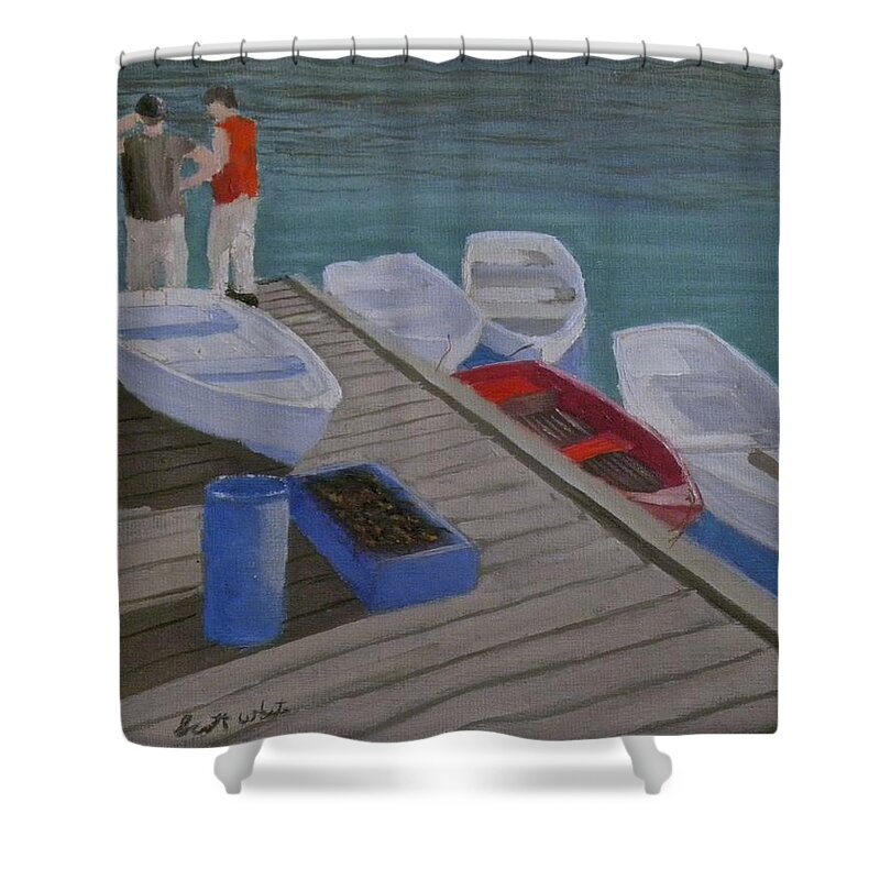 Harbor Boats Water Ocean Lobster People Dock Shower Curtain featuring the painting Catch Of The Day by Scott W White