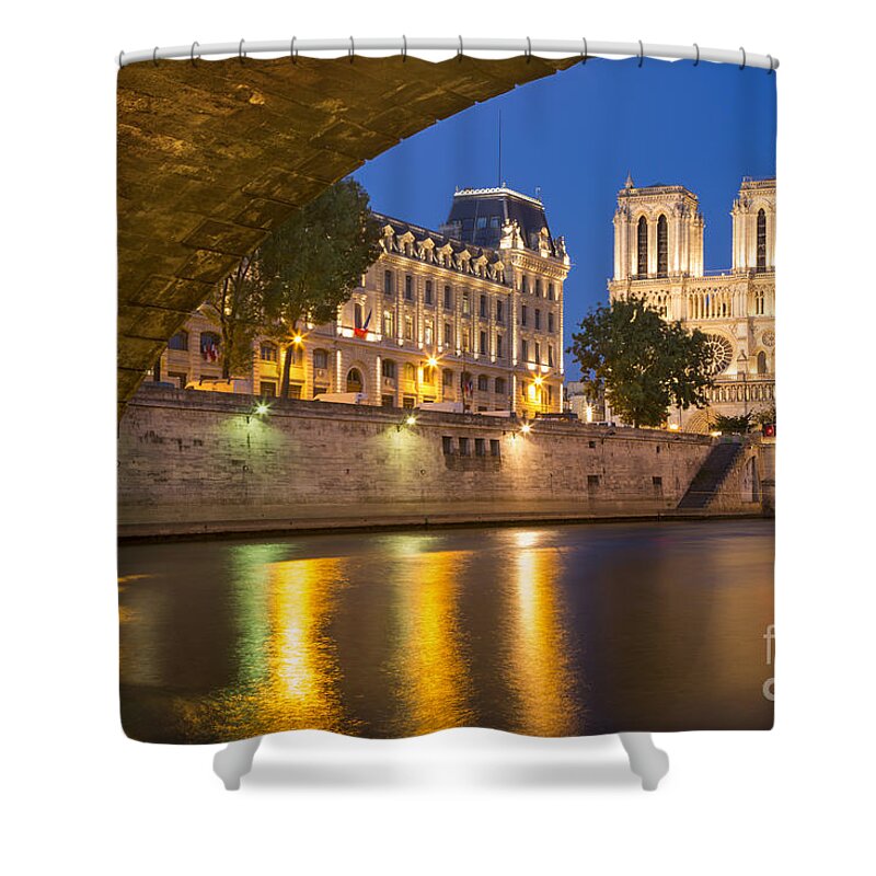 Paris Shower Curtain featuring the photograph Cathedral Notre Dame and River Seine - Paris by Brian Jannsen