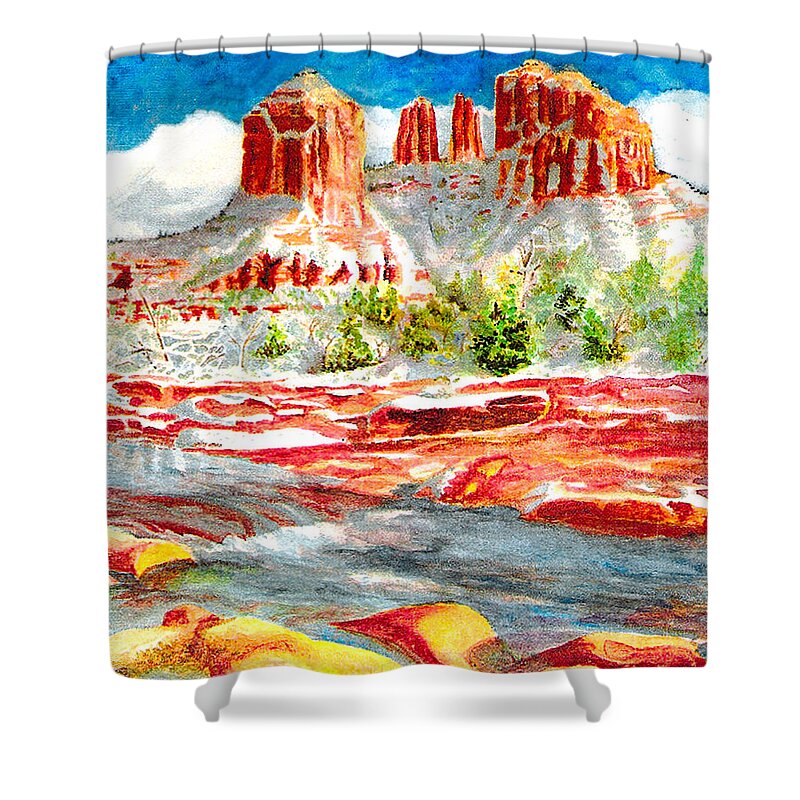 Sedona Shower Curtain featuring the painting Cathedral Rock Crossing by Eric Samuelson