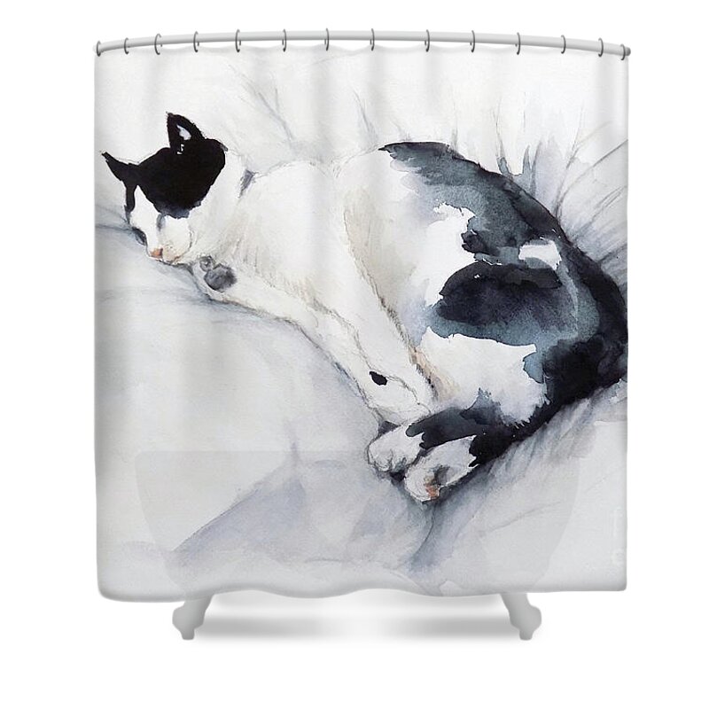 Cat Shower Curtain featuring the painting Catnap 1-2 by Yoshiko Mishina