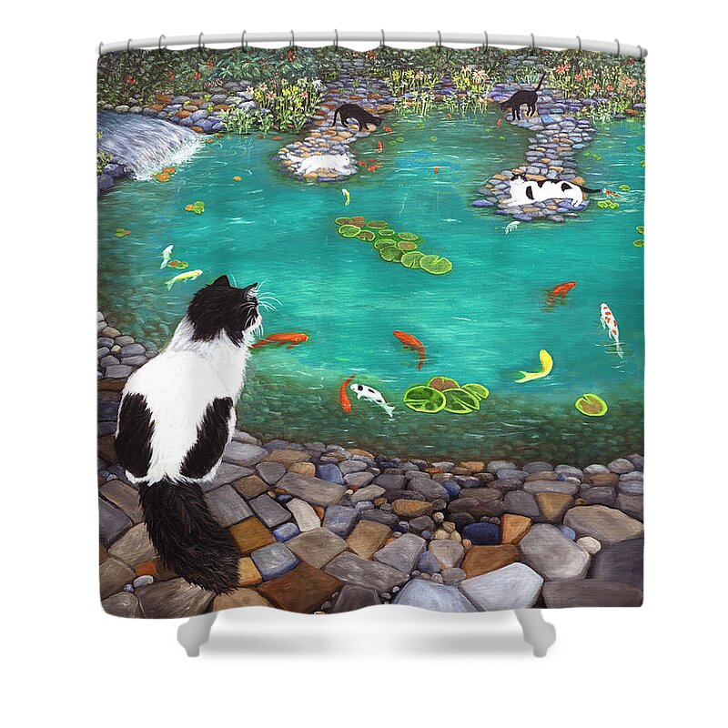 Karen Zuk Rosenblatt Shower Curtain featuring the painting Cats and Koi by Karen Zuk Rosenblatt