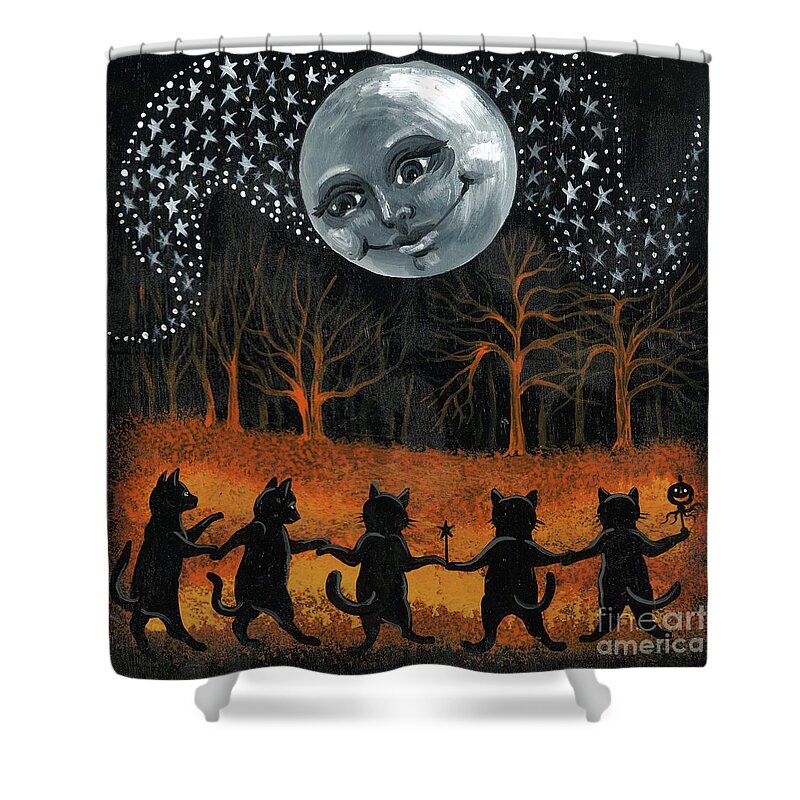 Print Shower Curtain featuring the painting Cats Dancing On Halloween by Margaryta Yermolayeva