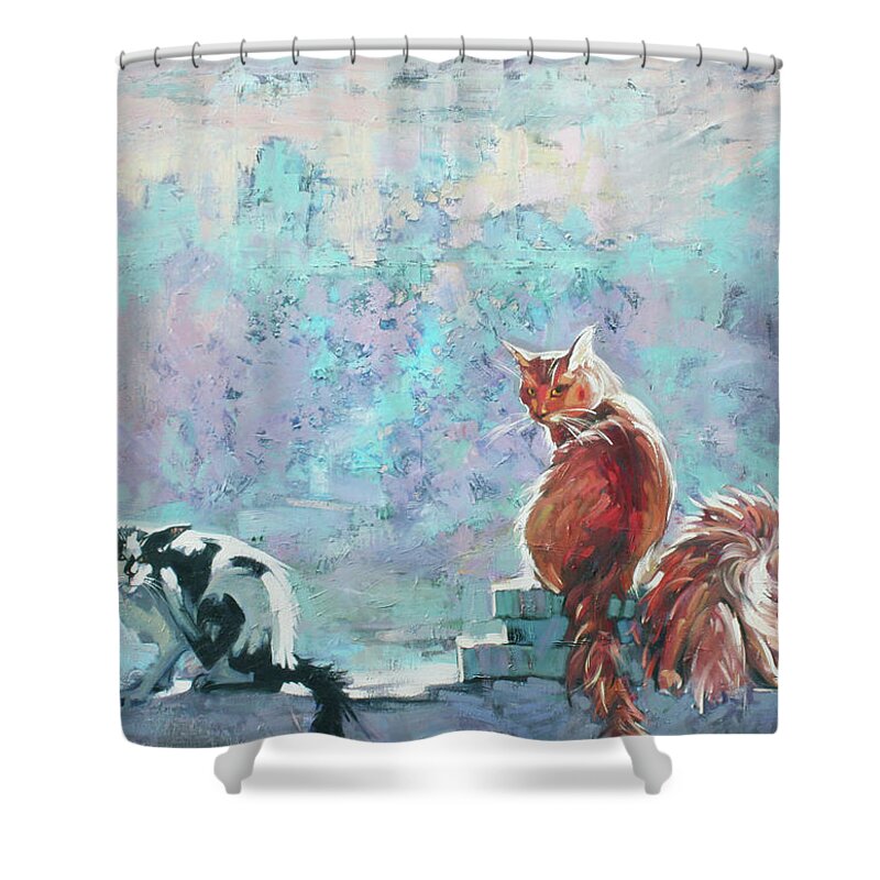 Cats Shower Curtain featuring the painting Cats. Washed by rain by Anastasija Kraineva