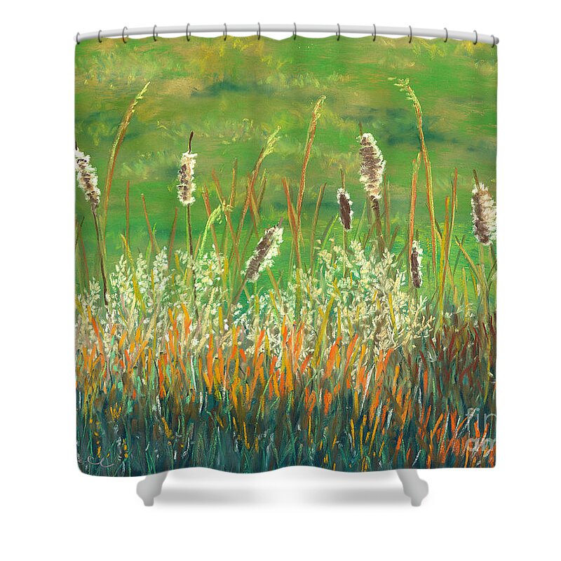 Cattails Shower Curtain featuring the pastel Cattail Close-Up by Ginny Neece