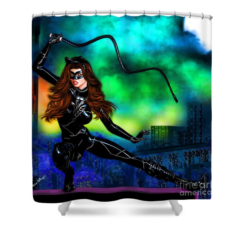 Catwoman Shower Curtain featuring the mixed media Catwoman by Alicia Hollinger