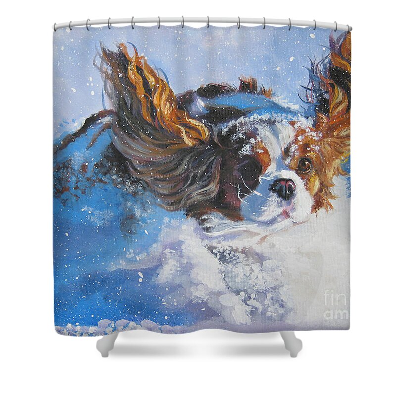 Dog Shower Curtain featuring the painting Cavalier King Charles Spaniel blenheim in snow by Lee Ann Shepard