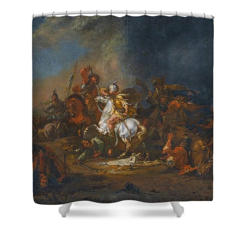 August Querfurt Shower Curtain featuring the painting Cavalry skirmishes between Turks and Christians 1 by August Querfurt