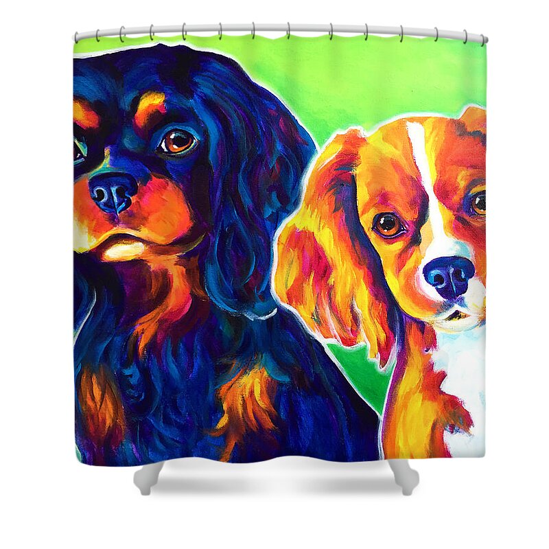Cavalier King Charles Spaniel Shower Curtain featuring the painting Cavelier King Charles Spaniels - Saffy and Duck by Dawg Painter