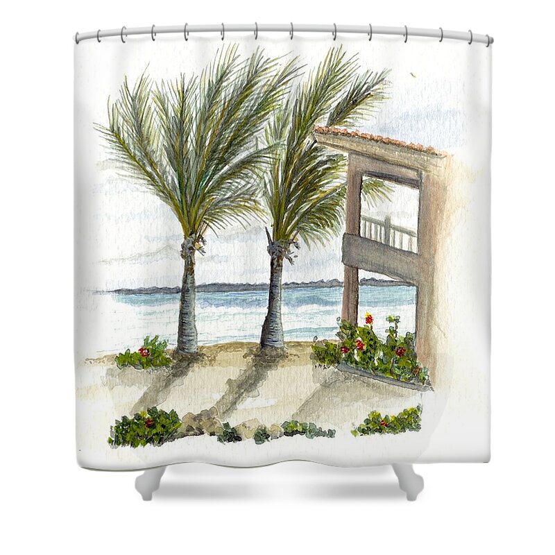 Vacation Shower Curtain featuring the digital art Cayman hotel by Darren Cannell