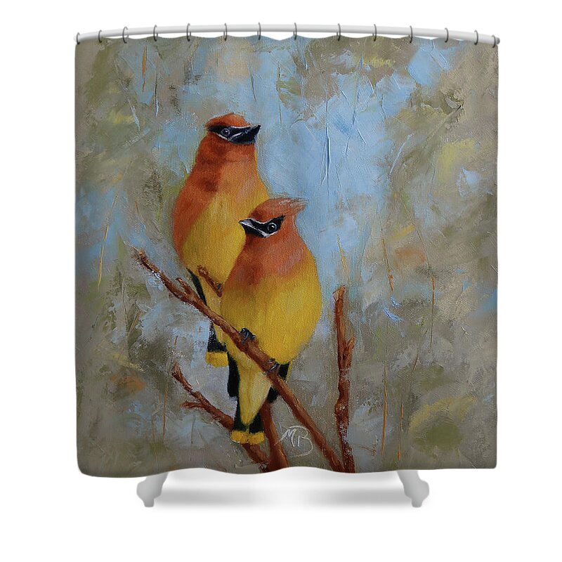 Wildlife Art Shower Curtain featuring the painting Cedar Waxwings by Monica Burnette