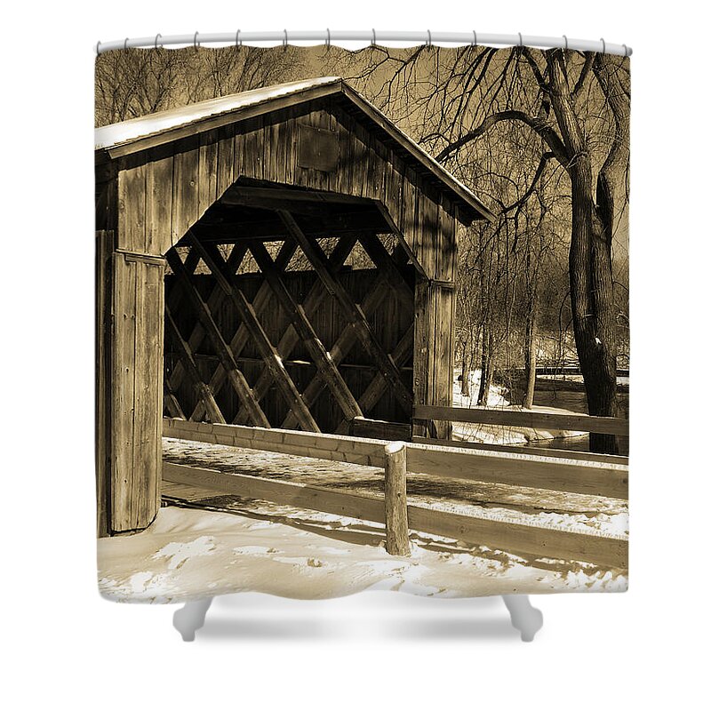 Covered Bridge Shower Curtain featuring the photograph Cedarburg Covered Bridge in Winter Sepia by David T Wilkinson