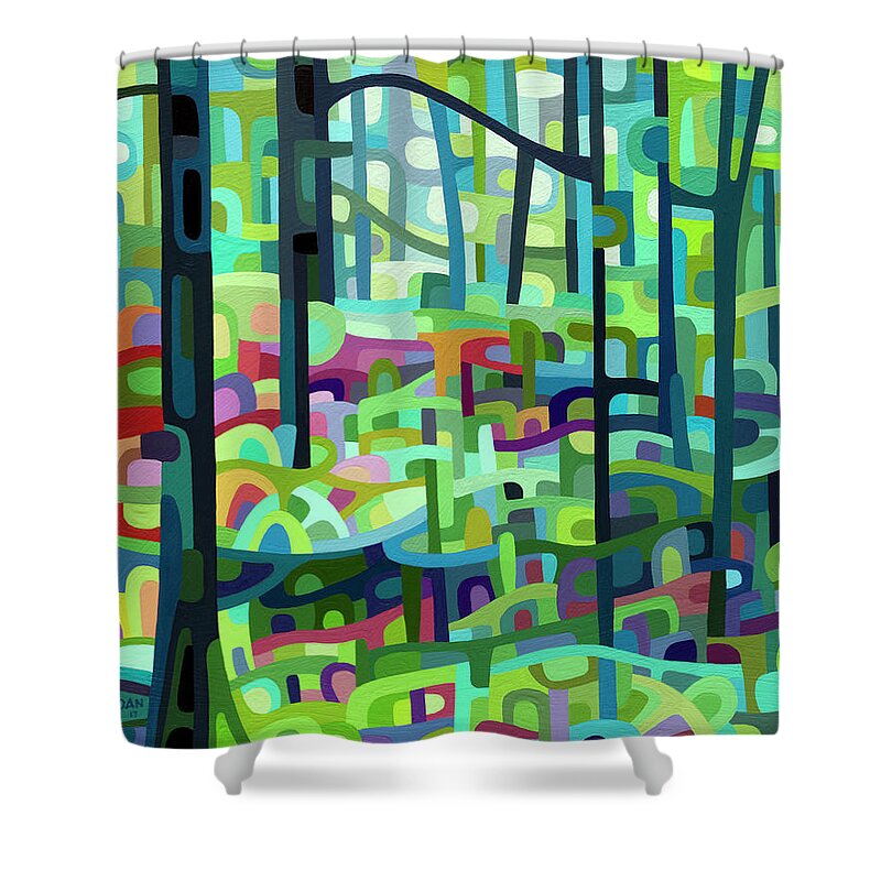 Green Forest Shower Curtain featuring the painting Celdaon Morning by Mandy Budan