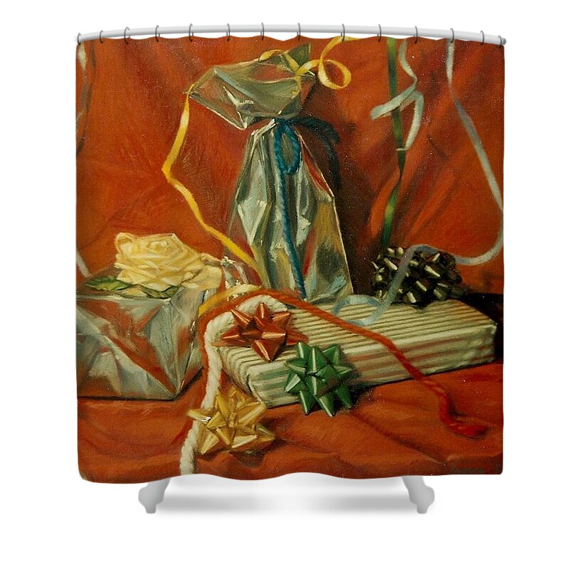 Red Shower Curtain featuring the pastel Celebration by Constance Drescher
