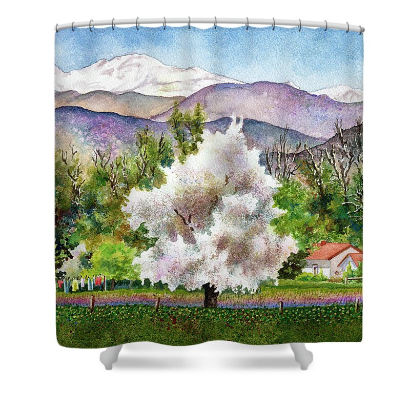 Blossoming Tree Painting Shower Curtain featuring the painting Celeste's Farm by Anne Gifford