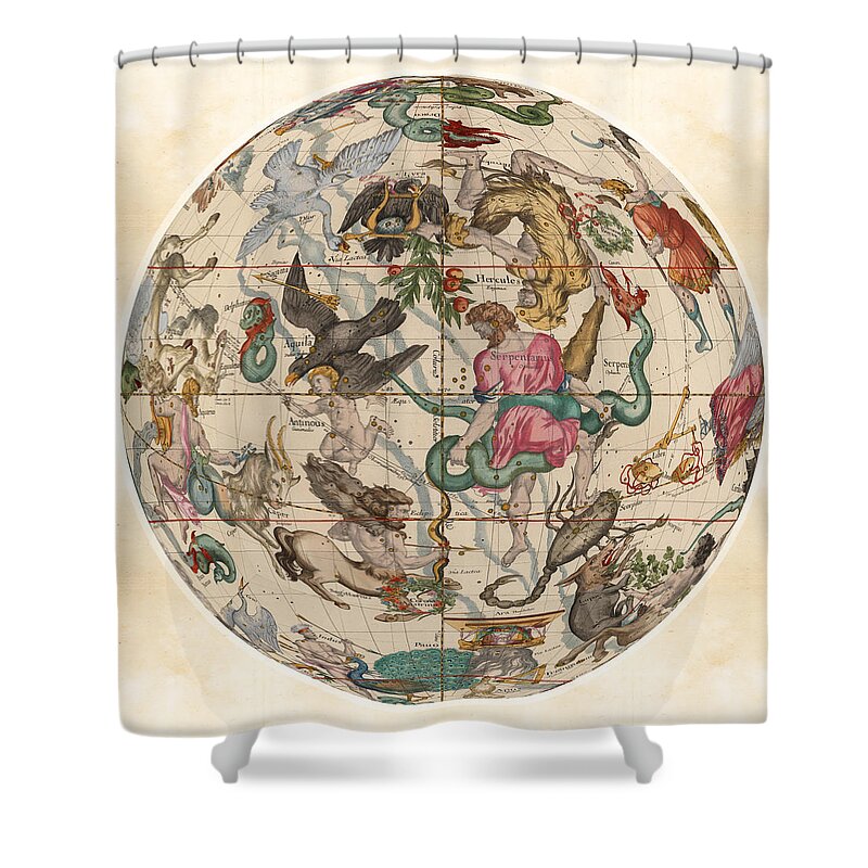 Celestial Map Shower Curtain featuring the drawing Celestial Map - Sagittarius, Scorpio, Serpentarius, Hercules - Illustrated map of the Sky by Studio Grafiikka