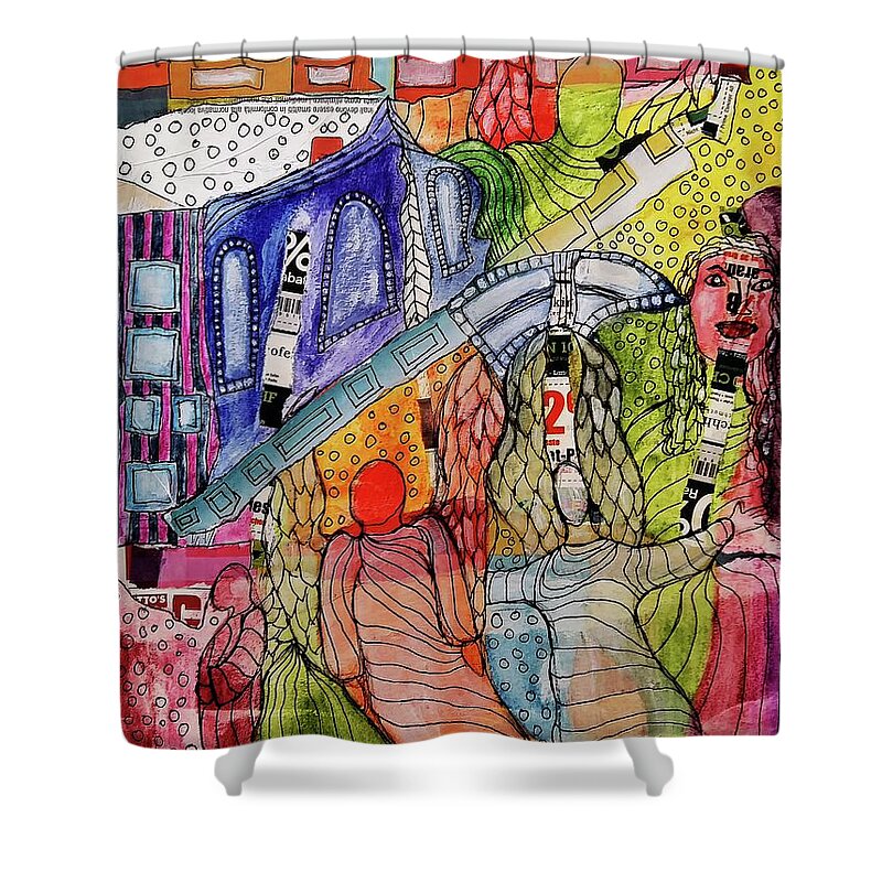 Celestial Shower Curtain featuring the mixed media Celestial Windows by Mimulux Patricia No