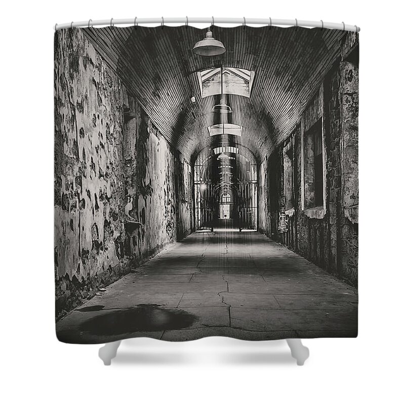Eastern State Penitentiary Shower Curtain featuring the photograph Cell Block 1 BW by Heather Applegate