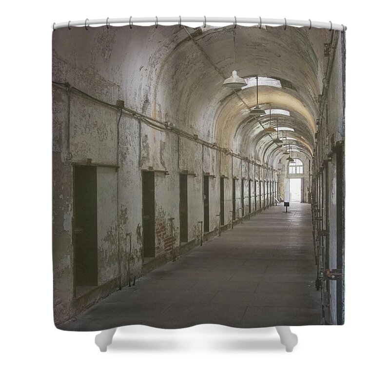 Eastern State Penitentiary Shower Curtain featuring the photograph Cellblock Hallway by Tom Singleton