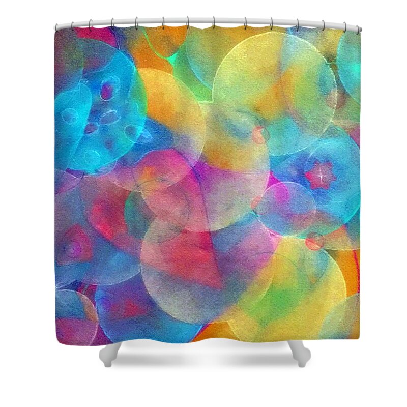 Colorful Circles Abstract Shower Curtain featuring the pastel Cellular Expansion-Colorful Circles by Laurie's Intuitive