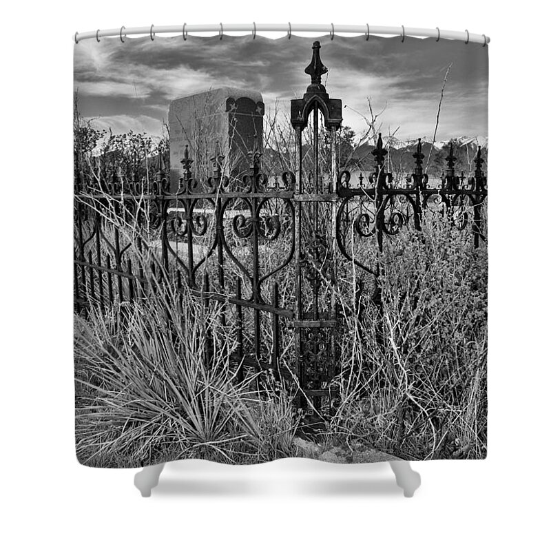 Cemetery Shower Curtain featuring the photograph Cemetery Fence Post and Sky by Sandra Dalton