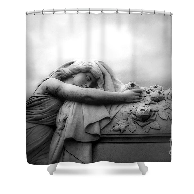Grave Shower Curtain featuring the photograph Cemetery Grave Mourner Black White Surreal Coffin Grave Art - Angel Mourner Across Rose Coffin by Kathy Fornal