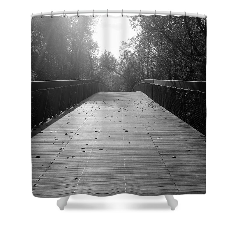 Amy Wilkinson Shower Curtain featuring the photograph Center Bridge Sequel - Black and White by Amy Wilkinson
