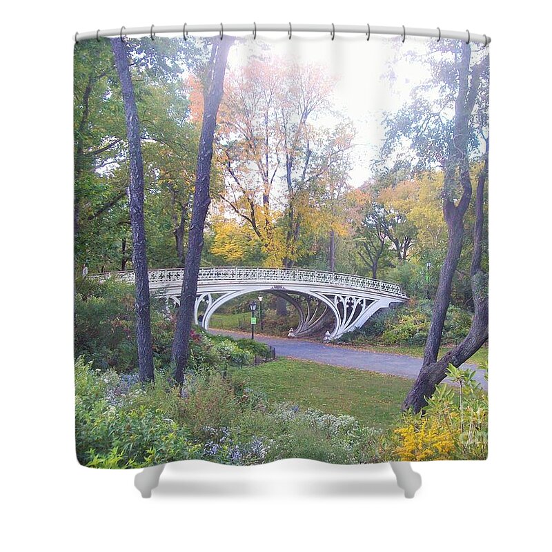 Central Park Shower Curtain featuring the photograph Central Park in Autumn at Gothic Bridge by Carol Riddle