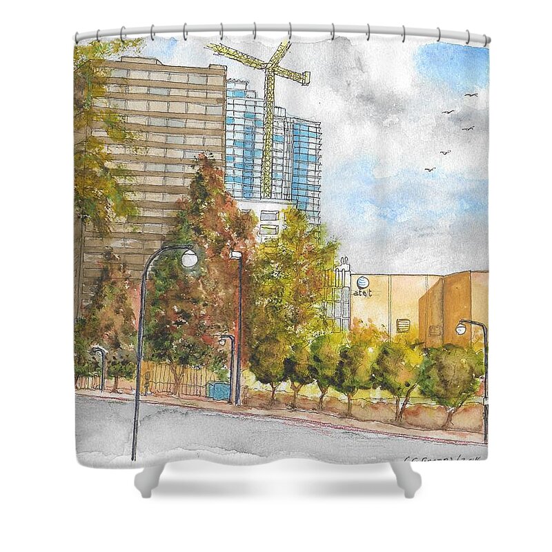 Century City Shower Curtain featuring the painting Century Park East and Santa Monica Blvd. in Century City, California by Carlos G Groppa