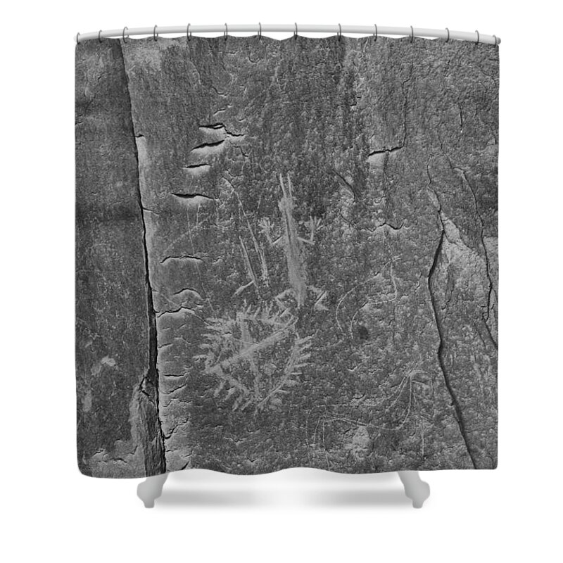  Shower Curtain featuring the photograph Chaco Petroglyph Figures Black And White by Adam Jewell