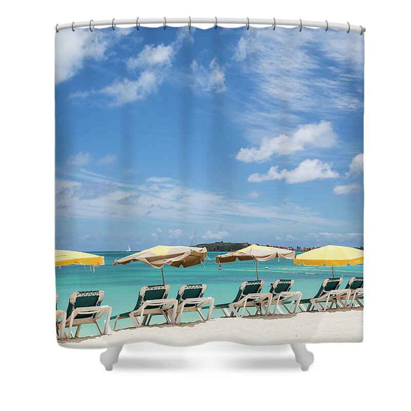 Beach Shower Curtain featuring the photograph Chaise Lounges Under Umbrellas on Beach by Darryl Brooks
