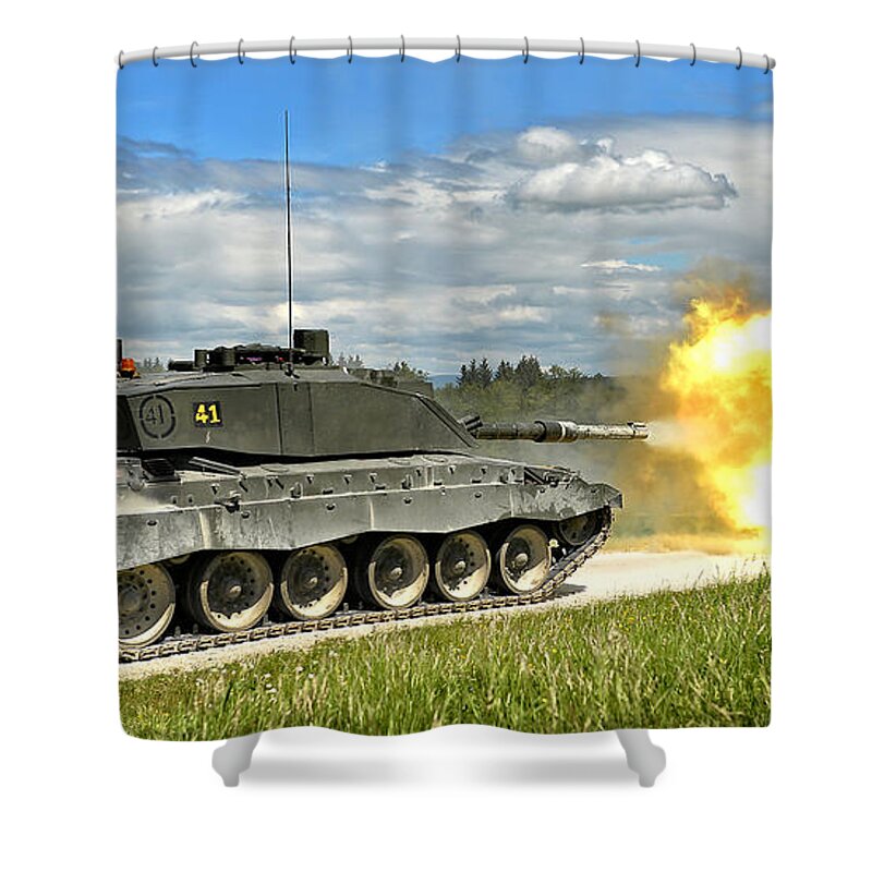 Armoured Fighting Vehicles (afv) Shower Curtain featuring the photograph Challenger Firing by Roy Pedersen