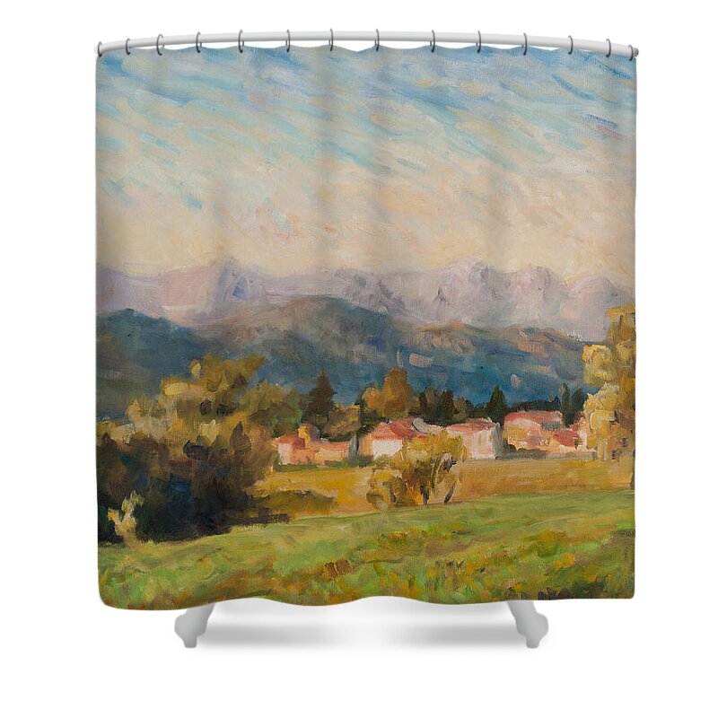 Landscape Shower Curtain featuring the painting Changing light triptic part 1 by Marco Busoni