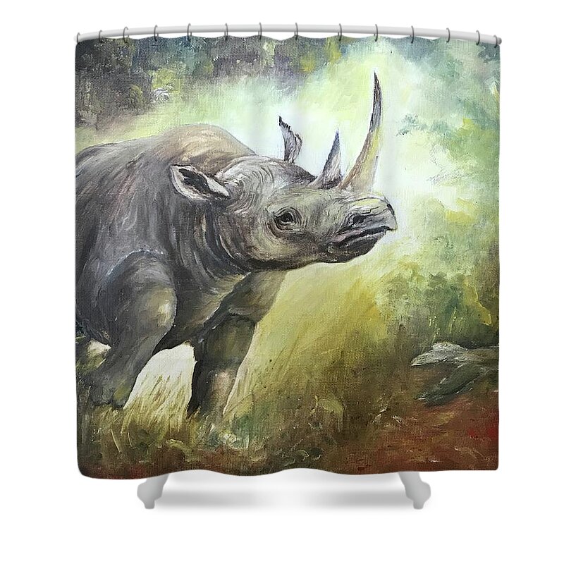 Rhino Shower Curtain featuring the painting Charging Rhino by ML McCormick